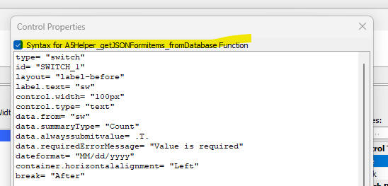 Dialog showing control properties formatted for the A5Helper function.